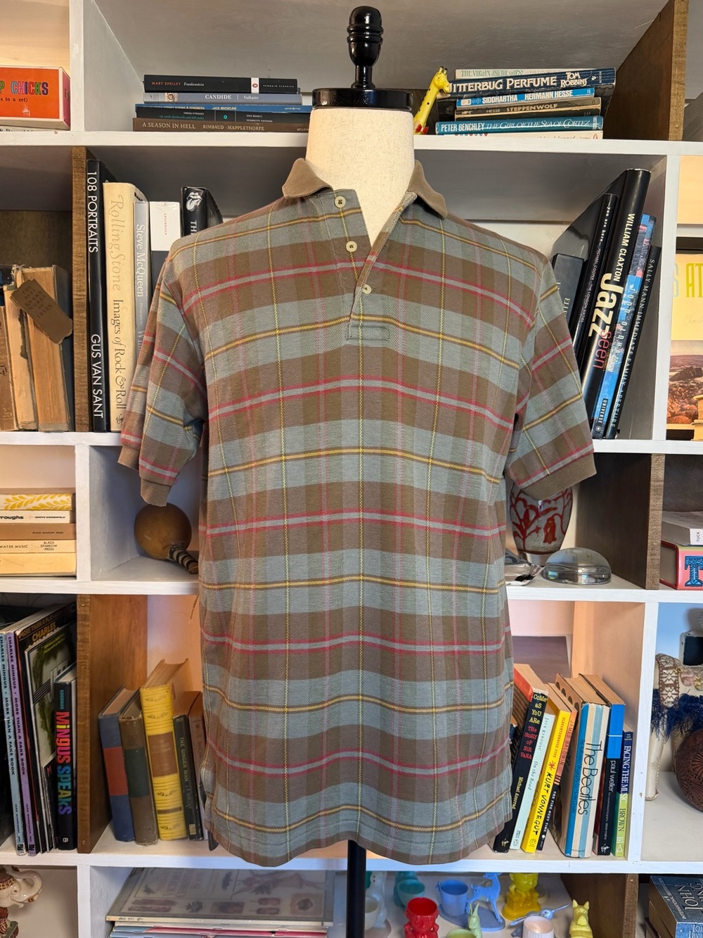 Men's Short Sleeve Plaid Polo Shirt - Brown/Olive